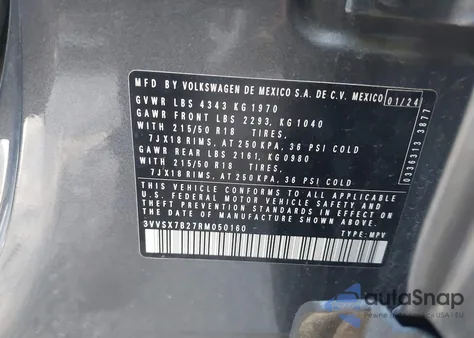 2024 Volkswagen Taos 1.5T Se z USA, uszkodzony, nr VIN 3VVSX7B27RM050160